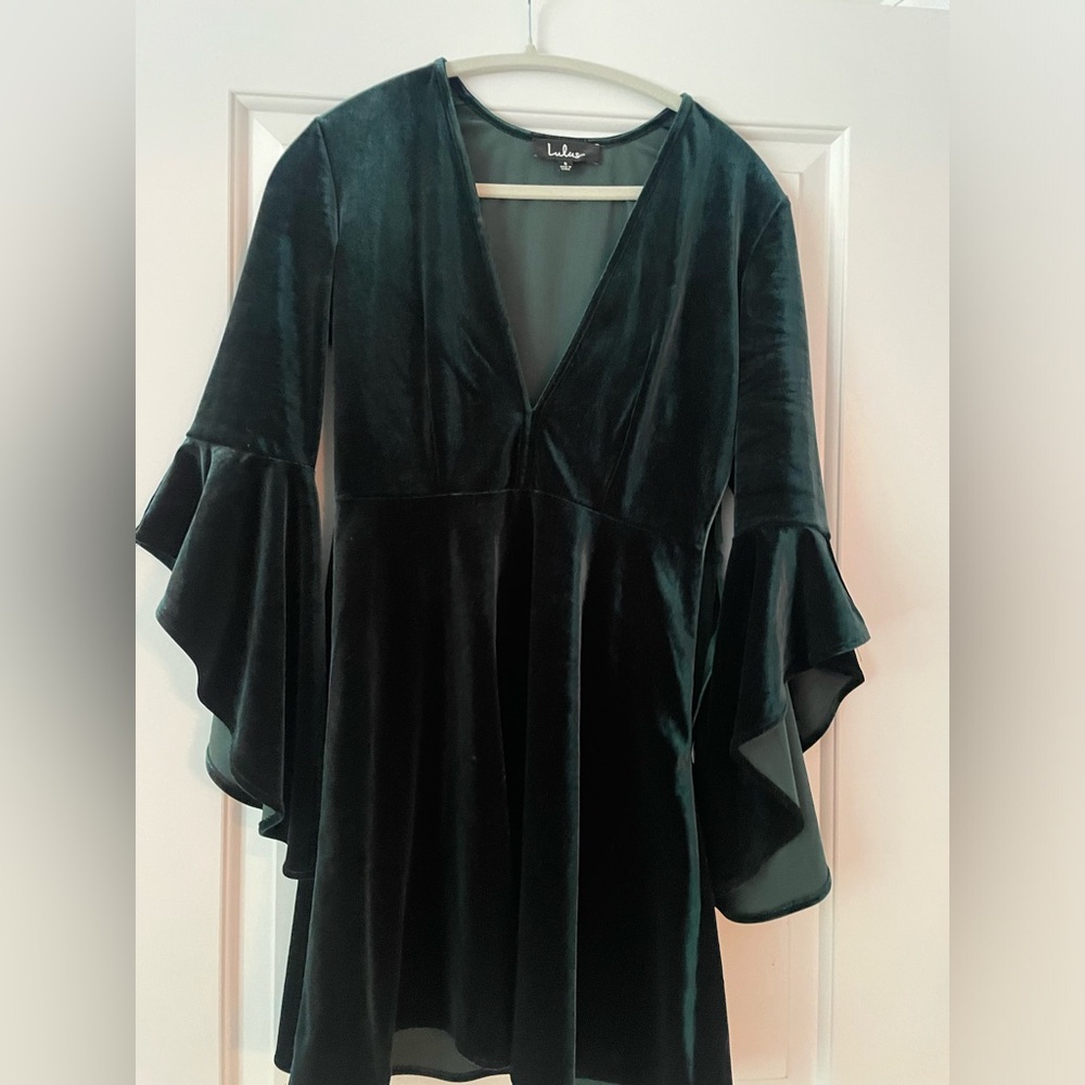 Wrapped in Luxe Forest Green Velvet Bell Sleeve Skater Dress💚